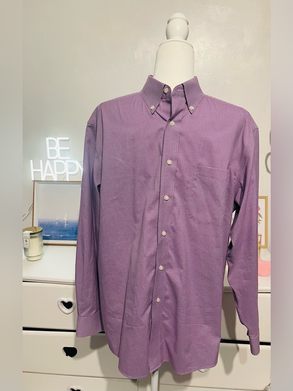 Jos. A. Bank Lavender Check Button-Down Dress Shirt size M 100%cotton